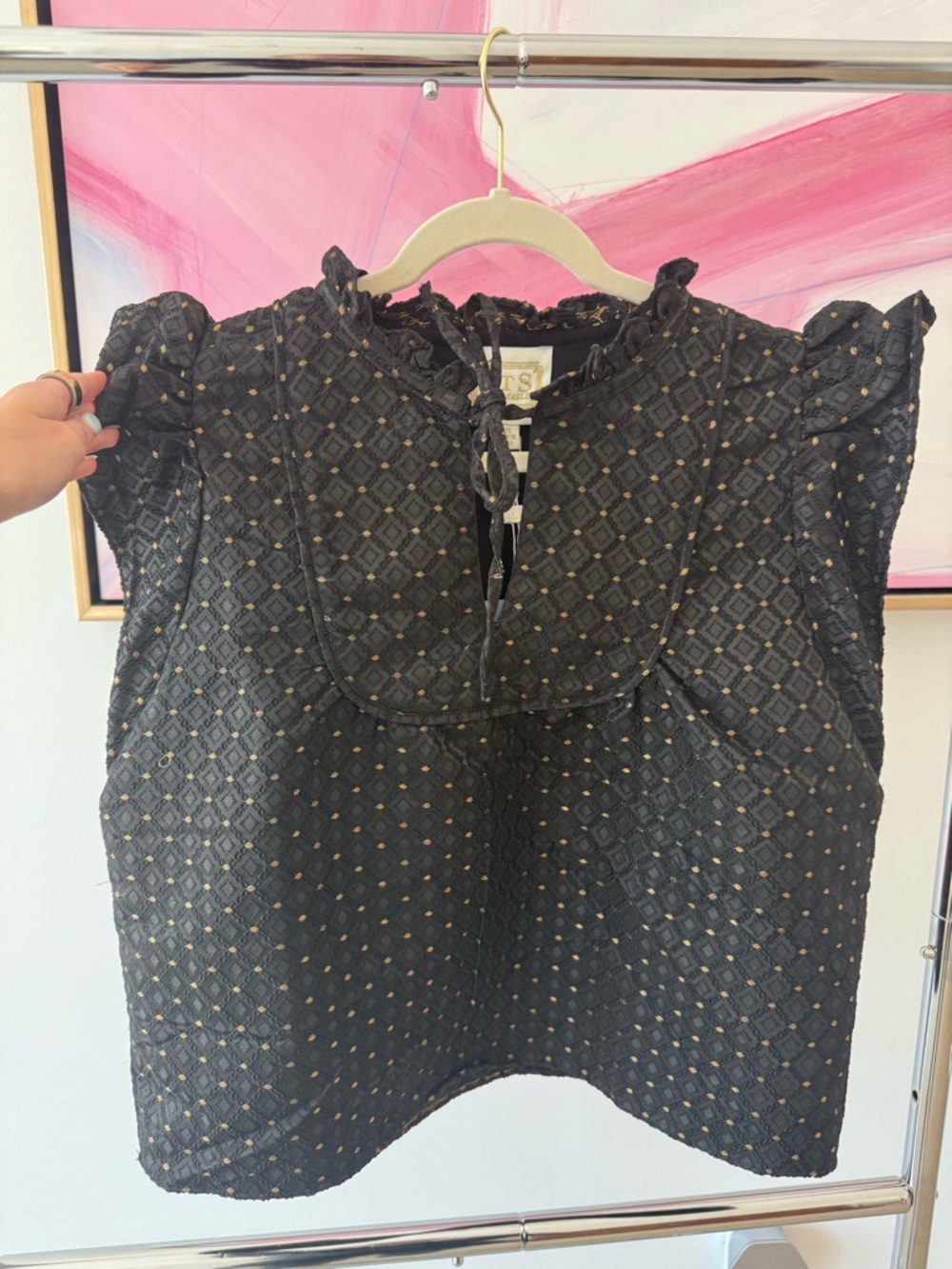 Sail to Sable Black Eyelet Puff Sleeve Peasant Top with Gold Dot, size xs